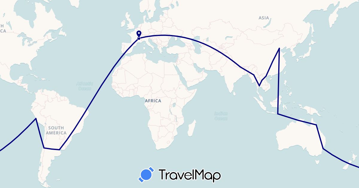 TravelMap itinerary: driving in Argentina, Australia, Chile, China, France, Indonesia, Laos, Myanmar (Burma), Nepal, Peru, Thailand, Vietnam (Asia, Europe, Oceania, South America)